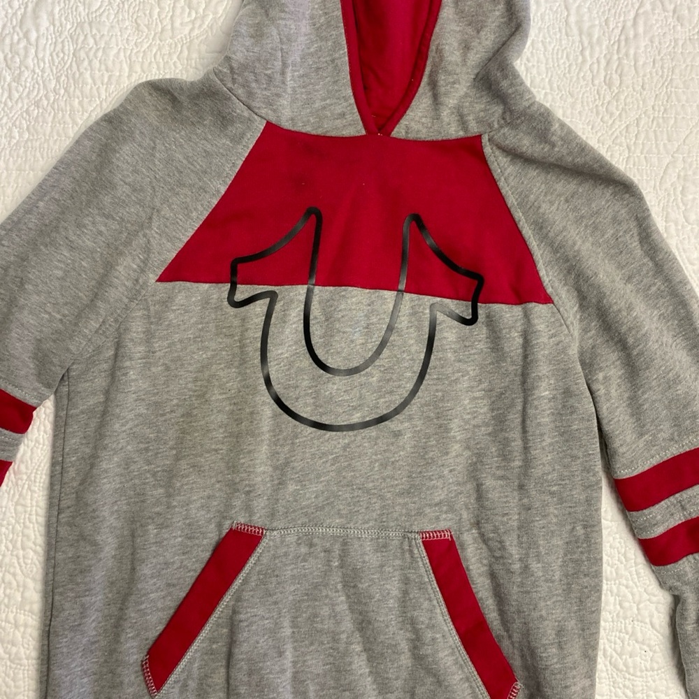 Vintage True Religion Red and Gray Pullover Hoodie with Logo Small
